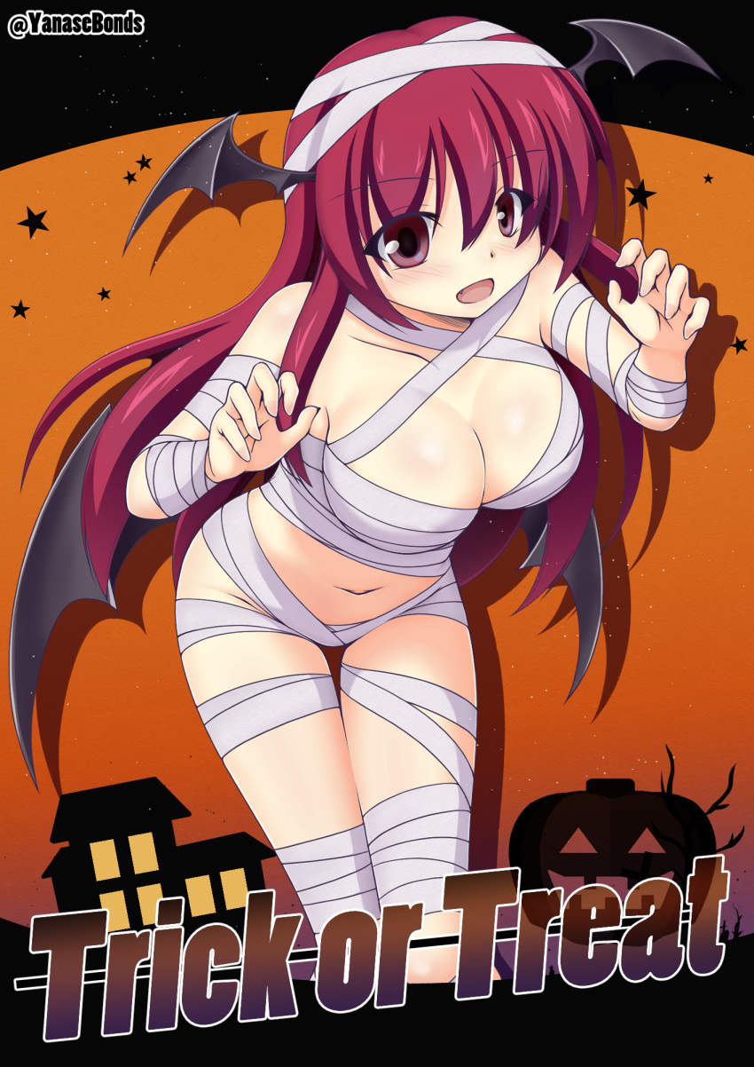 1girl :d bandages bat_wings blush breasts collarbone commentary_request cowboy_shot dot_nose drop_shadow english_text eyebrows_visible_through_hair fang hair_between_eyes head_wings highres house jack-o'-lantern koakuma kurenaidahlia large_breasts long_hair looking_at_viewer low_wings mummy_costume naked_bandage navel red_eyes red_hair sidelocks smile solo speech_bubble star_(symbol) sweatdrop touhou translation_request twitter_username wings