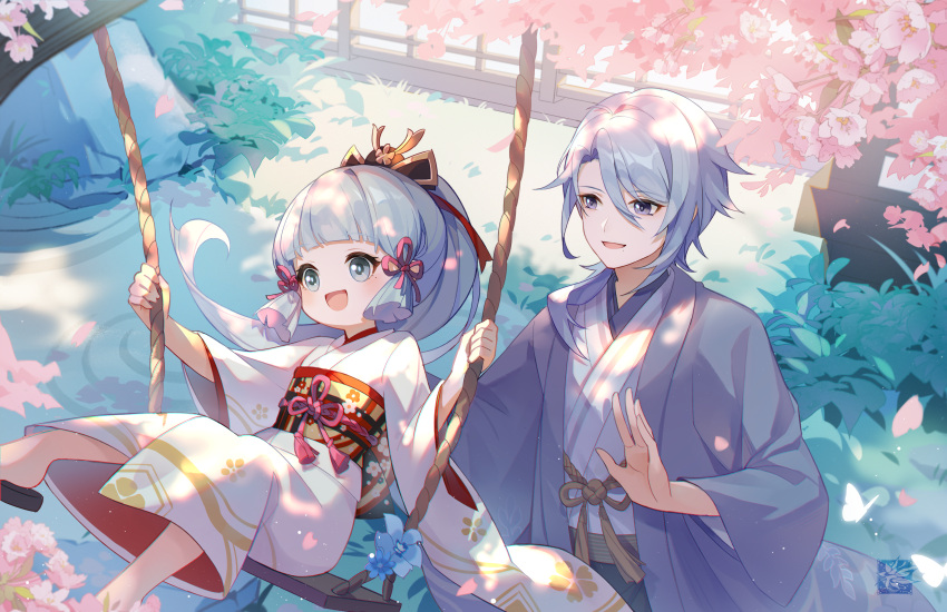 1boy 1girl absurdres autumnlll bangs blue_eyes blue_hair blunt_bangs bridge brother_and_sister child genshin_impact hair_ornament happy highres japanese_clothes kamisato_ayaka kamisato_ayato kimono open_mouth petals ponytail scenery siblings sidelocks sitting smile swing swinging tree wide_sleeves