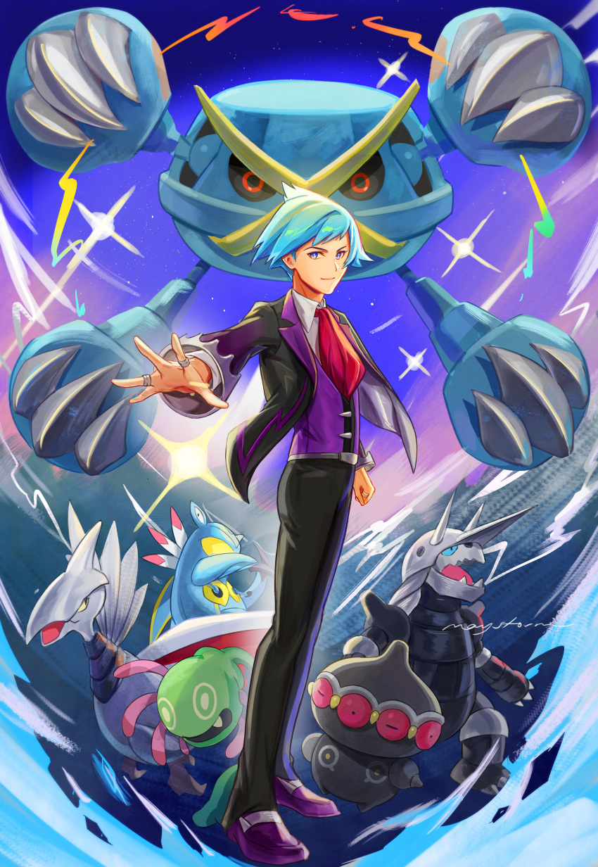 1boy absurdres aggron armaldo belt belt_buckle black_jacket black_pants blue_eyes blue_hair buckle claydol clenched_hand closed_mouth collared_shirt commentary cradily full_body highres jacket jewelry long_sleeves male_focus mayst0rm mega_metagross mega_pokemon metagross necktie open_clothes open_jacket pants pokemon pokemon_(creature) pokemon_(game) pokemon_oras purple_footwear purple_vest red_necktie ring shirt shoes short_hair skarmory smile spiked_hair standing steven_stone vest white_shirt