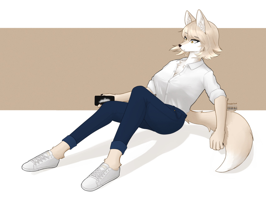 2021 4:3 anthro black_nails blonde_hair blue_pant canid canine clothing colored_nails digital_media_(artwork) female fox fur hair hi_res holding_object korfiorano mammal nails phone shirt simple_background solo t-shirt tan_body tan_fur topwear white_clothing white_shirt white_sneakers white_t-shirt white_topwear yellow_body yellow_eyes yellow_fur