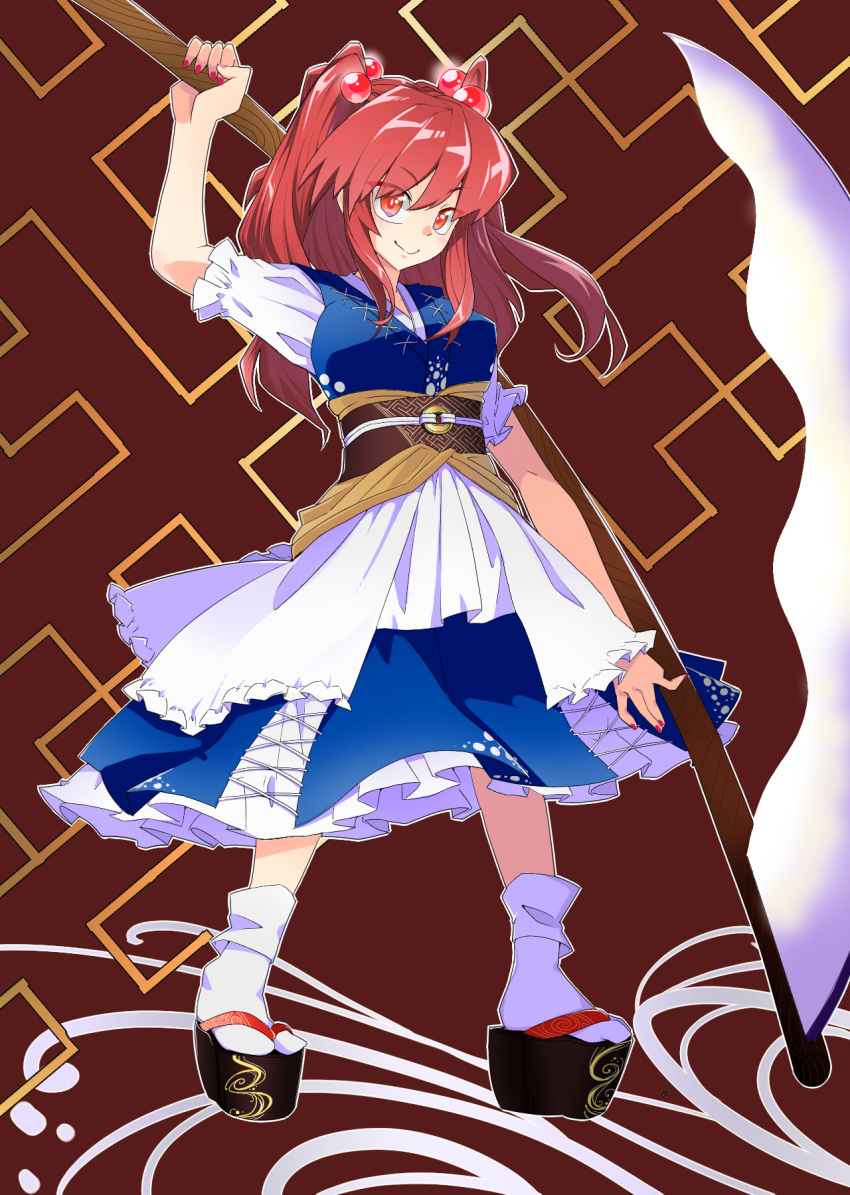 1girl breasts coin fufuyomumusu hair_bobbles hair_ornament highres looking_at_viewer nail_polish obi onozuka_komachi puffy_sleeves red_eyes red_hair sandals sash scythe short_sleeves smile solo tabi touhou two_side_up