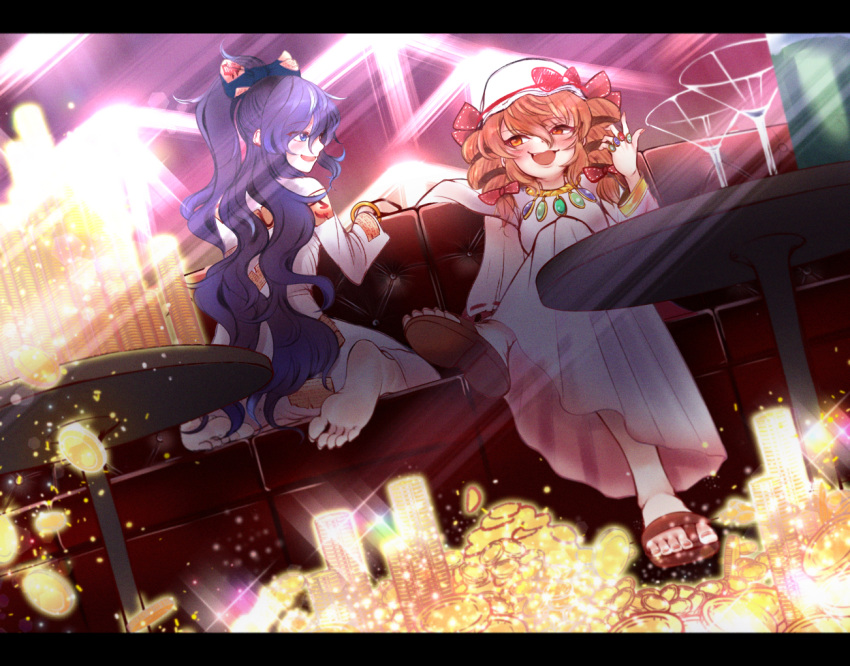 2girls barefoot blue_eyes blue_hair blush bottle bow bracelet cocktail_glass coin commentary_request couch crossed_legs cup debt dress drill_hair drinking_glass eyebrows_visible_through_hair feet gold_coin hair_bow hat indoors jewelry kneeling letterboxed long_hair long_sleeves looking_at_another looking_to_the_side money multiple_girls nail_polish necklace open_mouth orange_eyes orange_hair ring sandals sitting smile soles table takeguchi_kouhei toenail_polish toenails toes touhou very_long_hair white_dress yorigami_jo'on yorigami_shion