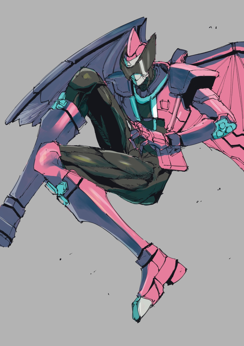 1boy armor avataro_sentai_donbrothers bird bird_wings black_pants boots commentary_request crane_(animal) floating gloves grey_background highres ichitaka_(1015ichitaka) japanese_armor kijibrother long_legs pants pink_armor pink_footwear pink_gloves simple_background stylistic sunglasses super_sentai tokusatsu wings