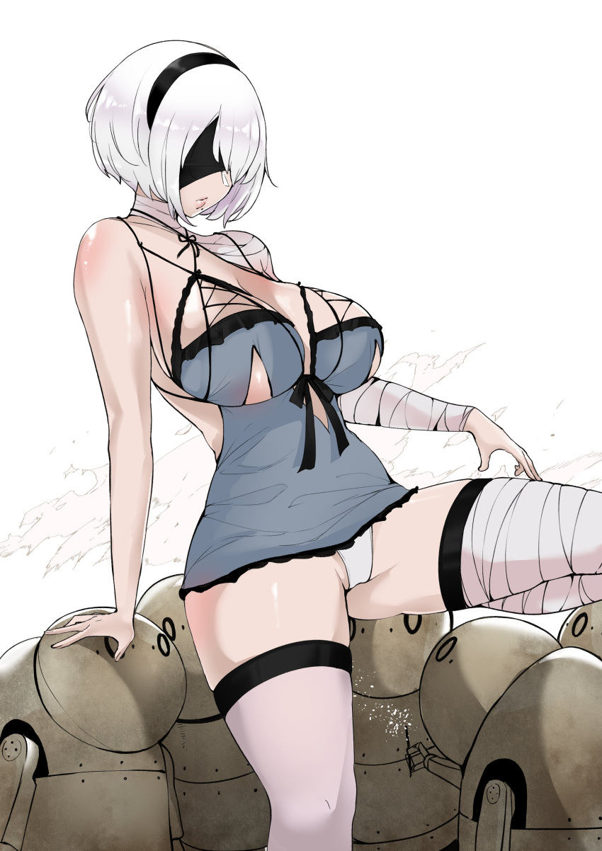 1girl absurdres bandaged_arm bandaged_leg bandages bangs bare_shoulders black_blindfold blindfold breasts cleavage cosplay covered_eyes hairband highres kaine_(nier) kaine_(nier)_(cosplay) large_breasts lingerie negligee nier nier_(series) nier_automata puzenketsu robot short_hair thighhighs thighs underwear white_hair white_legwear yorha_no._2_type_b