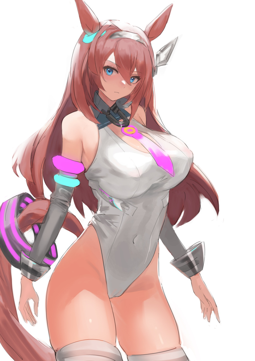 1girl absurdres animal_ears blue_eyes breasts brown_hair closed_mouth corrugatedrush covered_navel hair_between_eyes hairband highleg highleg_leotard highres horse_ears horse_girl horse_tail large_breasts leotard long_hair looking_at_viewer mihono_bourbon_(umamusume) necktie olo pink_necktie silver_hairband simple_background tail thighs umamusume white_background white_leotard