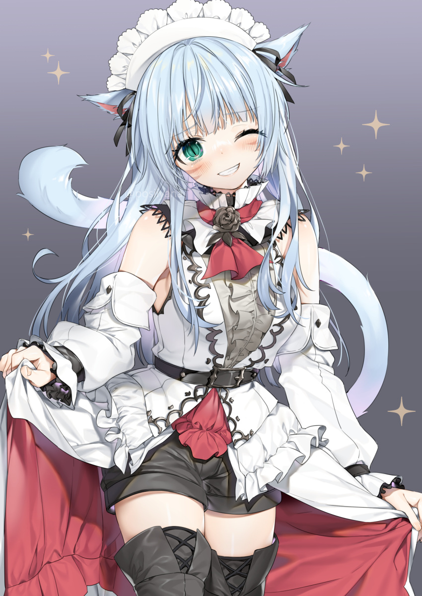 1girl absurdres animal_ears avatar_(ff14) bangs belt blue_eyes blush boots cat_ears cat_tail detached_sleeves eyebrows_visible_through_hair facial_mark final_fantasy final_fantasy_xiv grey_background headdress highres light_blue_hair long_hair looking_at_viewer miqo'te one_eye_closed shorts slit_pupils smile solo tail thigh_boots thighhighs whisker_markings yana_mori