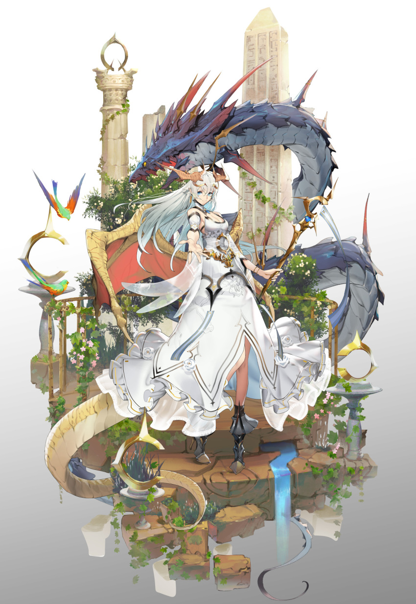 1girl bare_shoulders bird blue_eyes bracelet breasts broken broken_pillar circlet cleavage closed_mouth crack detached_sleeves dragon_girl dragon_horns dragon_tail dragon_wings dress fish flower flying frills gold_trim gradient gradient_background grass hair_between_eyes high_heels highres holding holding_staff horns jewelry long_hair no_pupils open_hand open_mouth original pillar pink_flower plant potted_plant ring rose ryota-h sea_monster see-through smile staff standing tail vines water waterfall white_dress white_flower white_hair white_rose wings yellow_eyes