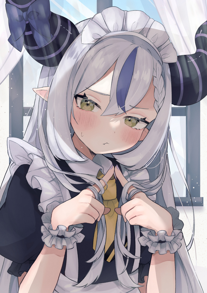 1girl absurdres alternate_costume blush braid enmaided frills highres hololive horns la+_darknesss long_hair looking_at_viewer maid maid_headdress multicolored_hair mutsumi326 necktie pointy_ears purple_hair solo streaked_hair striped_horns two-tone_hair very_long_hair virtual_youtuber white_hair wrist_cuffs yellow_eyes