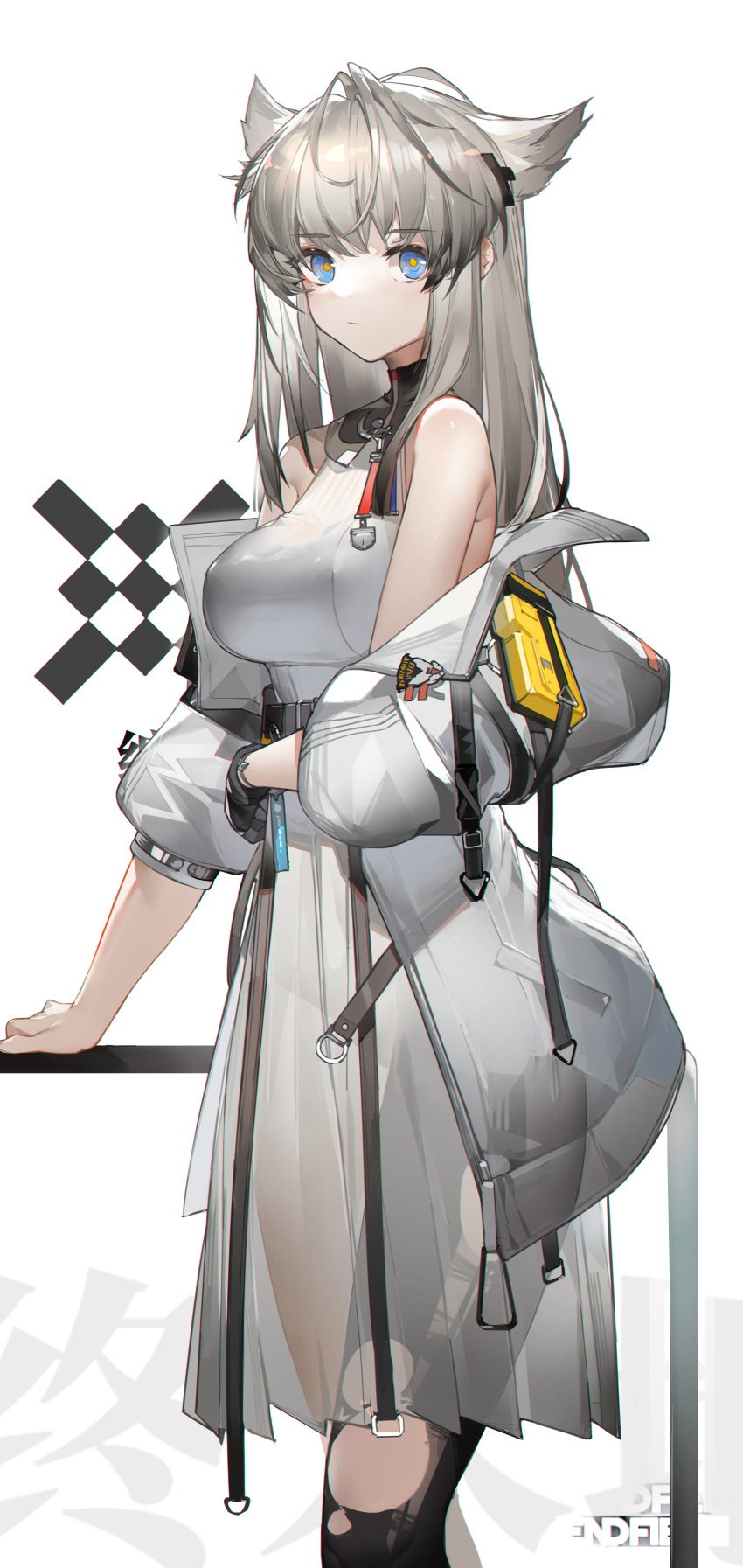 1girl absurdres animal_ears arknights arknights:_endfield bangs bare_shoulders black_legwear blue_eyes breasts cat_ears commentary_request dress eyebrows_visible_through_hair feet_out_of_frame groin highres jacket large_breasts long_hair long_sleeves looking_at_viewer off_shoulder perlica_(arknights) see-through_dress silver_hair simple_background single_leg_pantyhose solo standing torn_clothes torn_legwear white_background white_dress white_jacket yushi_quetzalli
