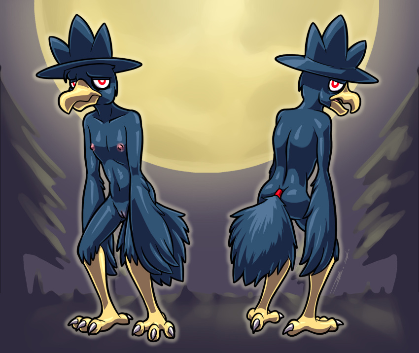 2022 4_toes accessory andromorph anthro avian bassybefuddle beak big_butt bird_feet blue_clothing blue_hat blue_headwear butt claws clothing feet fluffy fluffy_tail front_view full_moon furgonomics genitals hat hat_only headgear headgear_only headwear headwear_only hi_res intersex looking_at_viewer looking_back mastectomy_scar moon mostly_nude multiple_angles murkrow nintendo nipples pink_nipples pok&eacute;mon pok&eacute;mon_(species) pupils pussy rear_view red_eyes scar solo tail_accessory tailband tired toe_claws toes trans_(lore) trans_man_(lore) video_games white_claws white_pupils yellow_beak