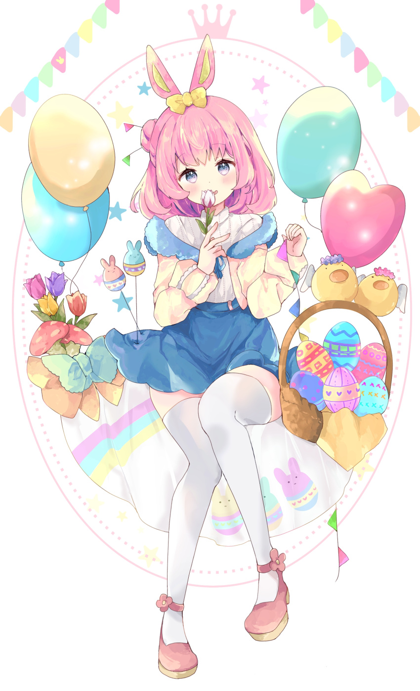 1girl absurdres animal_ears balloon basket blue_skirt blush bow commentary easter_egg egg flower full_body hair_bow hair_bun head_tilt heart_balloon highres holding holding_flower jacket mushroom open_clothes open_jacket original parted_lips pennant pink_flower pink_footwear pink_hair purple_flower rabbit_ears red_flower shirt shoes side_bun sitting skirt smile solo string_of_flags symbol-only_commentary thighhighs tsukiyo_(skymint) white_background white_flower white_legwear white_shirt yellow_bow yellow_flower yellow_jacket