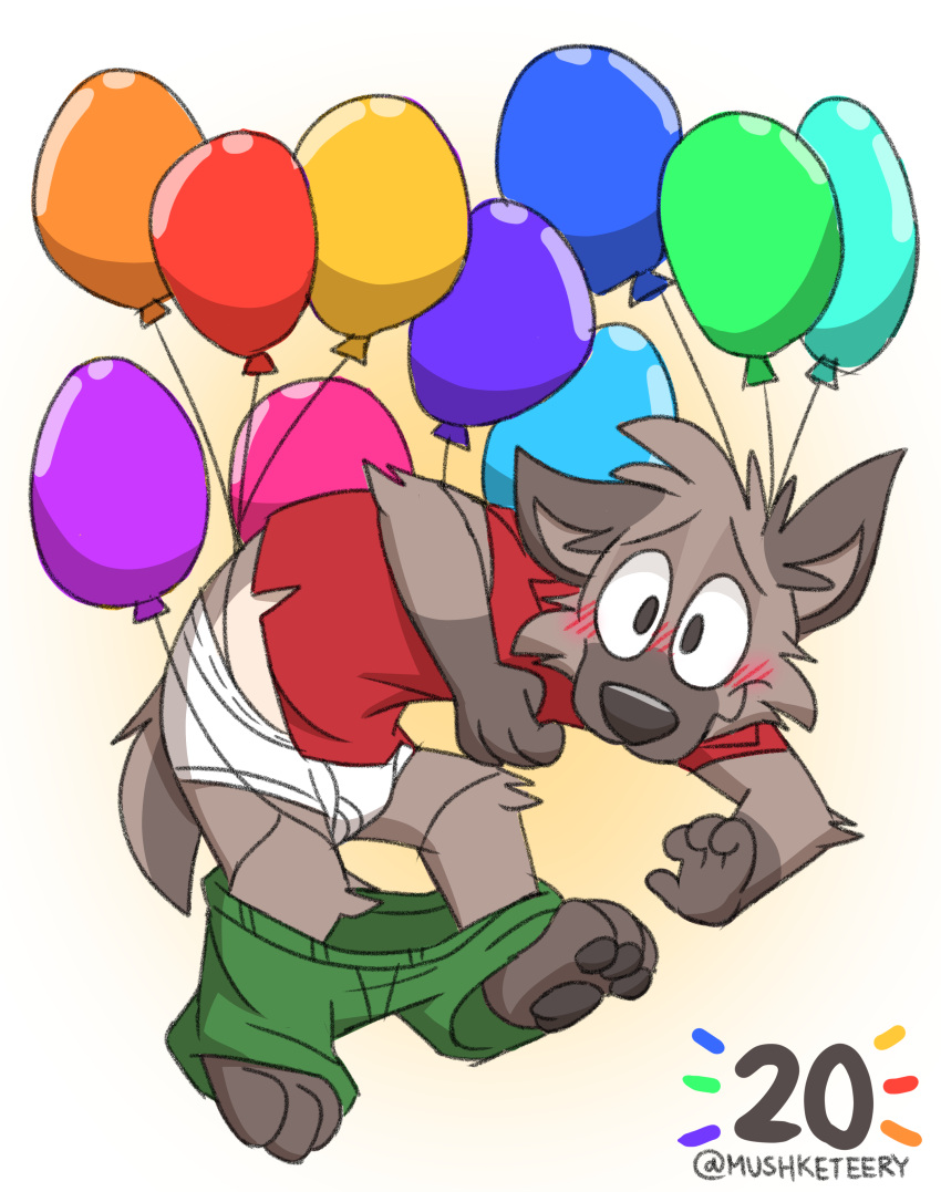 absurd_res anthro balloon barefoot black_nose blush bottomwear bottomwear_down briefs brown_body brown_fur clothed clothing feet fur green_bottomwear green_clothing green_pants hi_res hyaenid inflatable male mammal mushketeery number pants pants_down partially_clothed pawpads polo_shirt red_clothing red_polo_shirt red_shirt red_topwear shirt smile solo tan_body tan_fur tighty_whities toony topwear twitter_handle underwear white_briefs white_clothing white_underwear