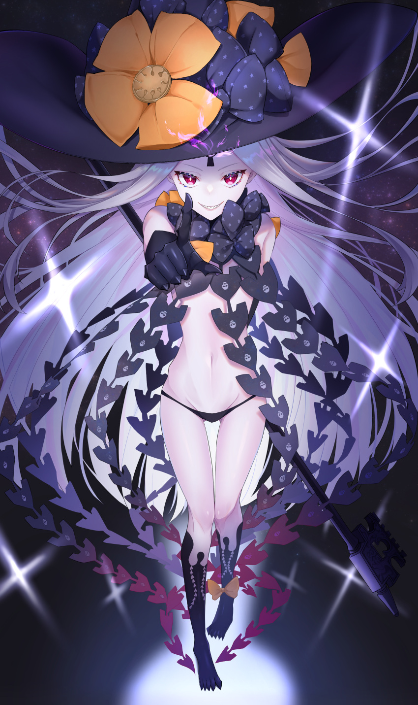 1girl abigail_williams_(fate) abigail_williams_(third_ascension)_(fate) absurdres bangs bare_shoulders black_bow black_headwear black_panties blush bow breasts colored_skin fate/grand_order fate_(series) forehead grin hair_bow hat highres key keyhole kubomi_943 long_hair looking_at_viewer multiple_bows navel orange_bow panties parted_bangs red_eyes sharp_teeth small_breasts smile solo sparkle staff teeth third_eye underwear white_hair white_skin witch_hat