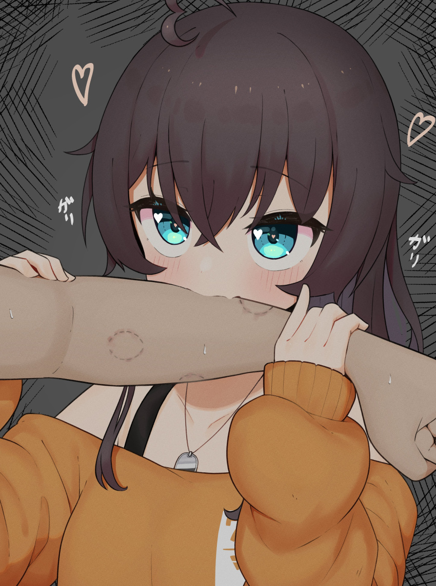 1girl absurdres ahoge aqua_eyes bite_mark biting blush brown_hair grey_background heart heart_ahoge heart_in_eye highres holding holding_another's_arm holding_another's_wrist hololive jewelry lunch_boxer natsuiro_matsuri necklace orange_sweater sweater symbol_in_eye virtual_youtuber