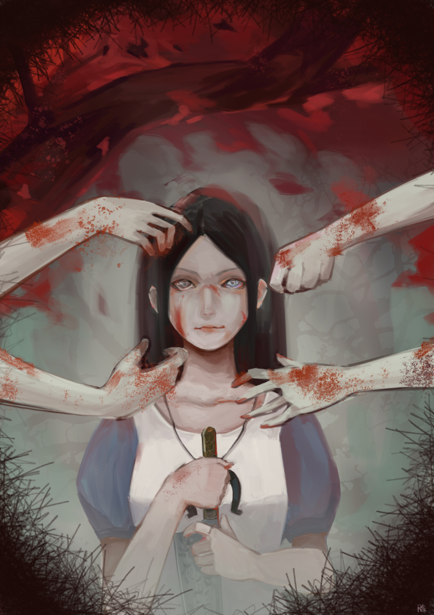 1girl absurdres alice:_madness_returns alice_(alice_in_wonderland) american_mcgee's_alice apron black_hair blood blood_on_face blue_eyes closed_mouth dress english_commentary hands highres jewelry jupiter_symbol knife long_hair looking_at_viewer necklace solo weapon