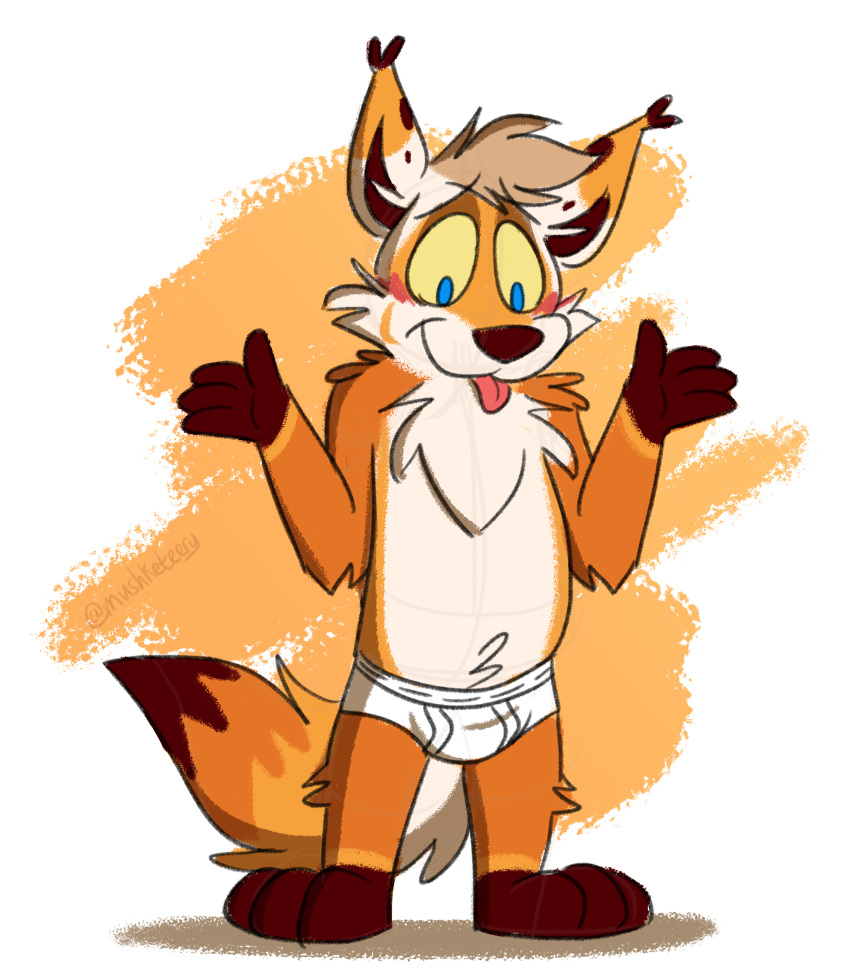 absurd_res anthro blue_eyes briefs briefs_only brown_body brown_fur brown_haor brown_nose bulge clothed clothing detailed_background fur hi_res looking_down male mushketeery nd orange_body orange_fur solo tan_body tan_fur tighty_whities tongue tongue_out topless underwear underwear_only white_briefs white_clothing white_underwear yellow_sclera