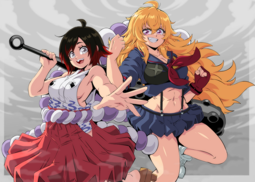 2girls :d ahoge bare_arms bare_shoulders black_hair blonde_hair breasts club_(weapon) cosplay cowboy_shot english_commentary feet_out_of_frame fingerless_gloves gloves grey_eyes grin hair_between_eyes hakama hakama_skirt hayami_saori highres japanese_clothes kanabou kill_la_kill koshimizu_ami large_breasts lewdamone long_hair looking_at_viewer matoi_ryuuko matoi_ryuuko_(cosplay) midriff miniskirt multicolored_hair multiple_girls navel one_piece purple_eyes reaching_out red_gloves red_hair ruby_rose rwby school_uniform senketsu serafuku short_hair siblings sideboob sisters skirt smile suspenders teeth upper_teeth voice_actor_connection weapon yamato_(one_piece) yamato_(one_piece)_(cosplay) yang_xiao_long