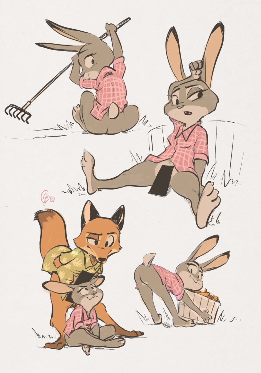 absurd_res anthro bottomless butt canid canine censor_bar clothed clothing disney duo edtropolis female fox hi_res judy_hopps lagomorph leporid looking_at_viewer looking_back male male/female mammal nick_wilde rabbit rake sitting smile tools zootopia