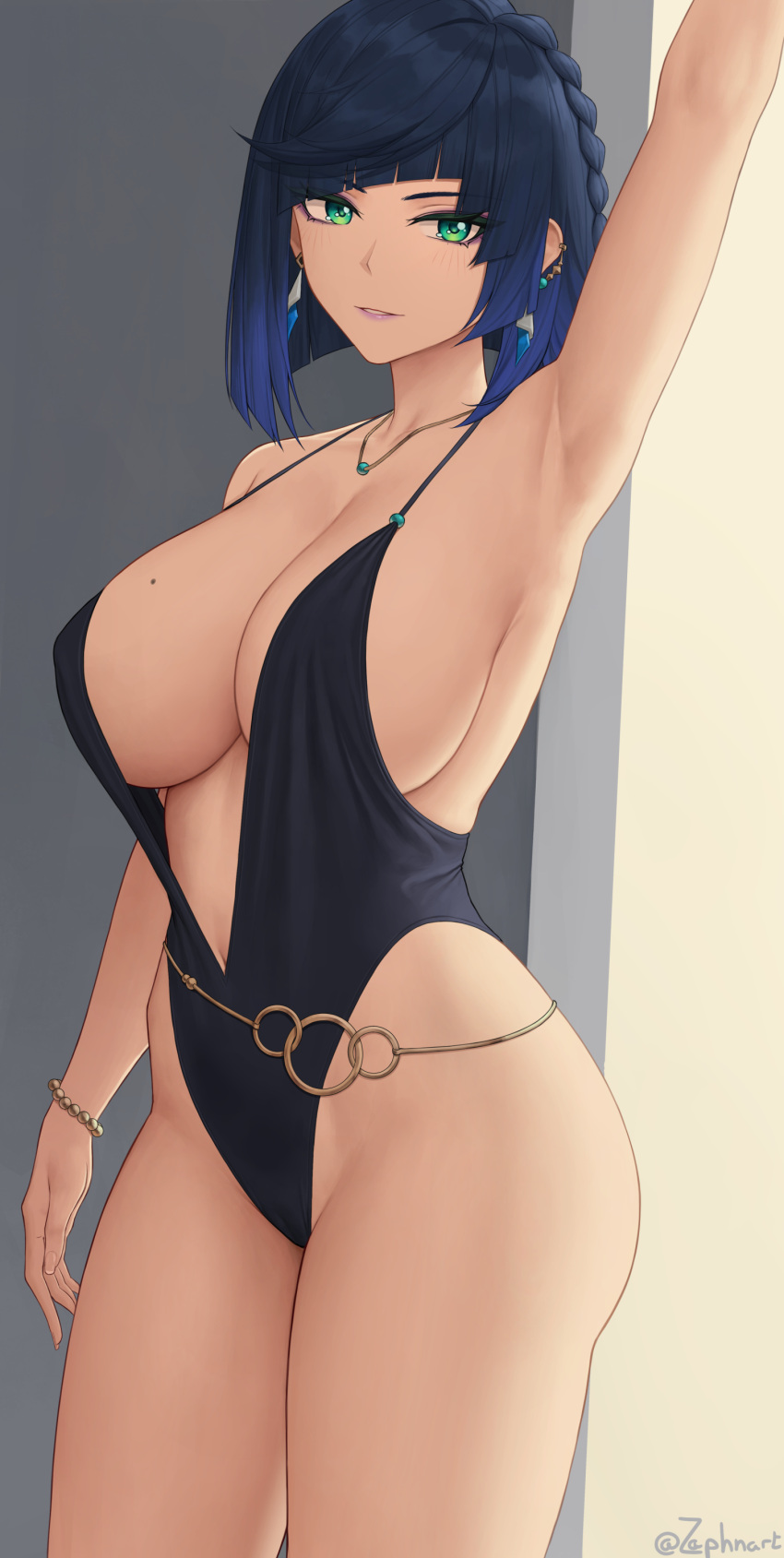 1girl absurdres arm_up armpits bangs bare_shoulders blue_hair blush breasts cleavage collarbone curvy duplicate earrings genshin_impact green_eyes highres jewelry large_breasts looking_at_viewer mole mole_on_breast necklace one-piece_swimsuit pixel-perfect_duplicate short_hair smile solo swimsuit thighs twitter_username yelan_(genshin_impact) zaphn