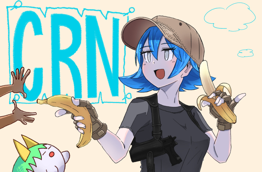 1girl banana bangs baseball_cap black_shirt blue_eyes blue_hair blush breasts brown_gloves brown_headwear character_name cirno cirno_(cookie) commentary_request cookie_(touhou) daiyousei diyusi_(cookie) fingerless_gloves food fruit gloves gun hair_between_eyes handgun hat highres holding holding_food holding_fruit holster looking_to_the_side medium_breasts open_mouth pinky_out pistol psychic_parrot shirt short_hair short_sleeves smile sukusuku_hakutaku touhou upper_body weapon