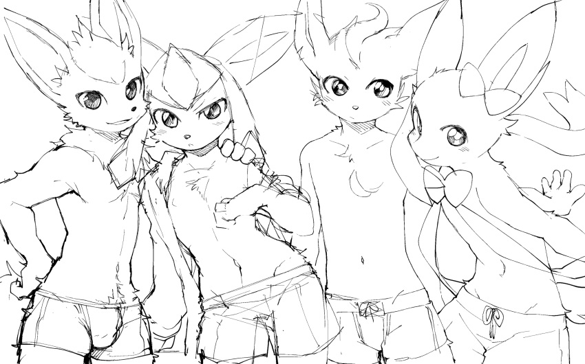 anthro anthrofied blush bottomwear clothed clothing drawstring_bottomwear eeveelution flareon glaceon group hand_on_hip hand_on_shoulder hi_res leafeon looking_at_viewer male monochrome navel neck_tuft nintendo pok&eacute;mon pok&eacute;mon_(species) raizinndx shorts sketch sylveon topless tuft video_games