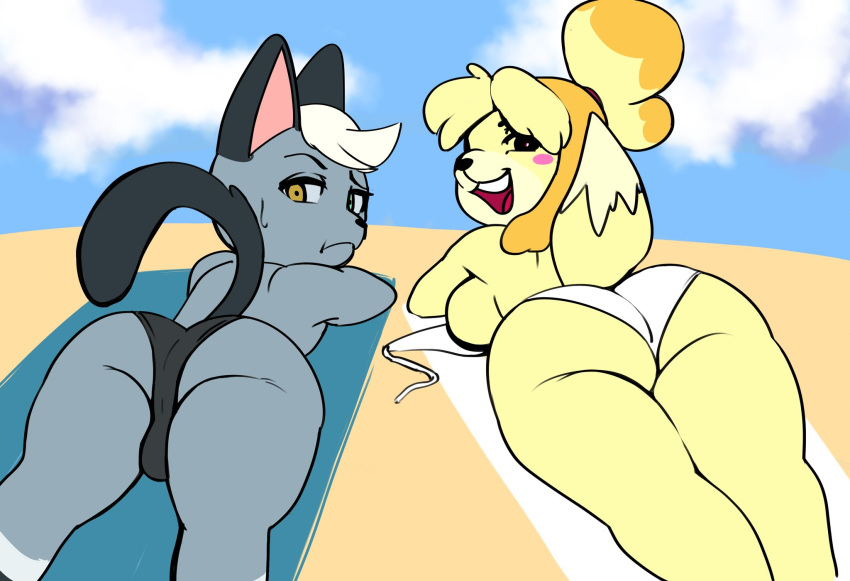 animal_crossing anthro beach beach_towel bra breasts butt canid canine canis clothing domestic_cat domestic_dog duo felid feline felis female glowhorn hi_res humanoid isabelle_(animal_crossing) looking_back male mammal nintendo panties raymond_(animal_crossing) seaside speedo swimwear towel underwear video_games