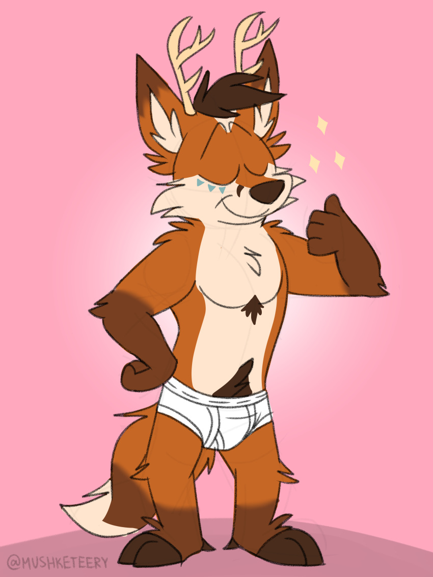 absurd_res anthro antlers barefoot briefs brown_body brown_fur brown_hair brown_nose canid canine clothed clothing eyes_closed feet fox fur gesture hair hi_res horn male mammal markings mushketeery orange_body orange_fur pink_background simple_background smile solo sparkles tan_body tan_fur thumbs_up tighty_whities toony topless underwear underwear_only white_briefs white_clothing white_underwear