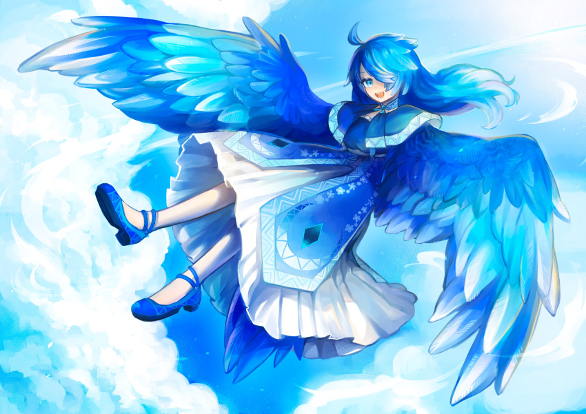 1girl absurdres ankle_strap bird_girl bird_tail bird_wings blue_eyes blue_hair capelet cloud cloudy_sky dress_shirt fang fang_out fangs fangs_out feathered_wings feathers flying highres hogara jewelry long_hair looking_at_viewer monster_girl neck_ring original sharp_teeth shirt sky spread_wings tail teeth winged_arms wings