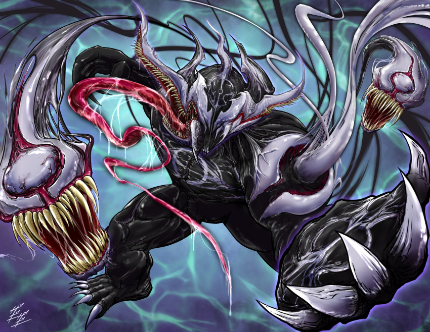 alien crossover eldritch_abomination evol_blackhole evolto fingernails fusion highres kamen_rider kamen_rider_build_(series) kamen_rider_evol long_fingernails marvel monster muscular nightmare open_mouth red_eyes saliva science_fiction sharp_teeth spider-man_(series) symbiote teeth tentacles toenails tokusatsu tongue tongue_out unusual_effect venom_(marvel) white_nails zagizagi