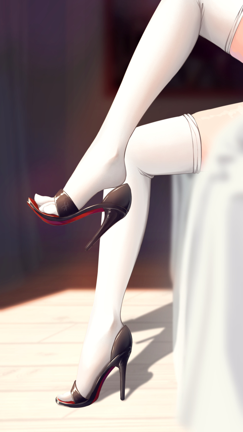 1girl bed feet foot_focus high_heels highres legs original shoe_dangle sitting soles solo thighhighs toes wcks0774 white_legwear