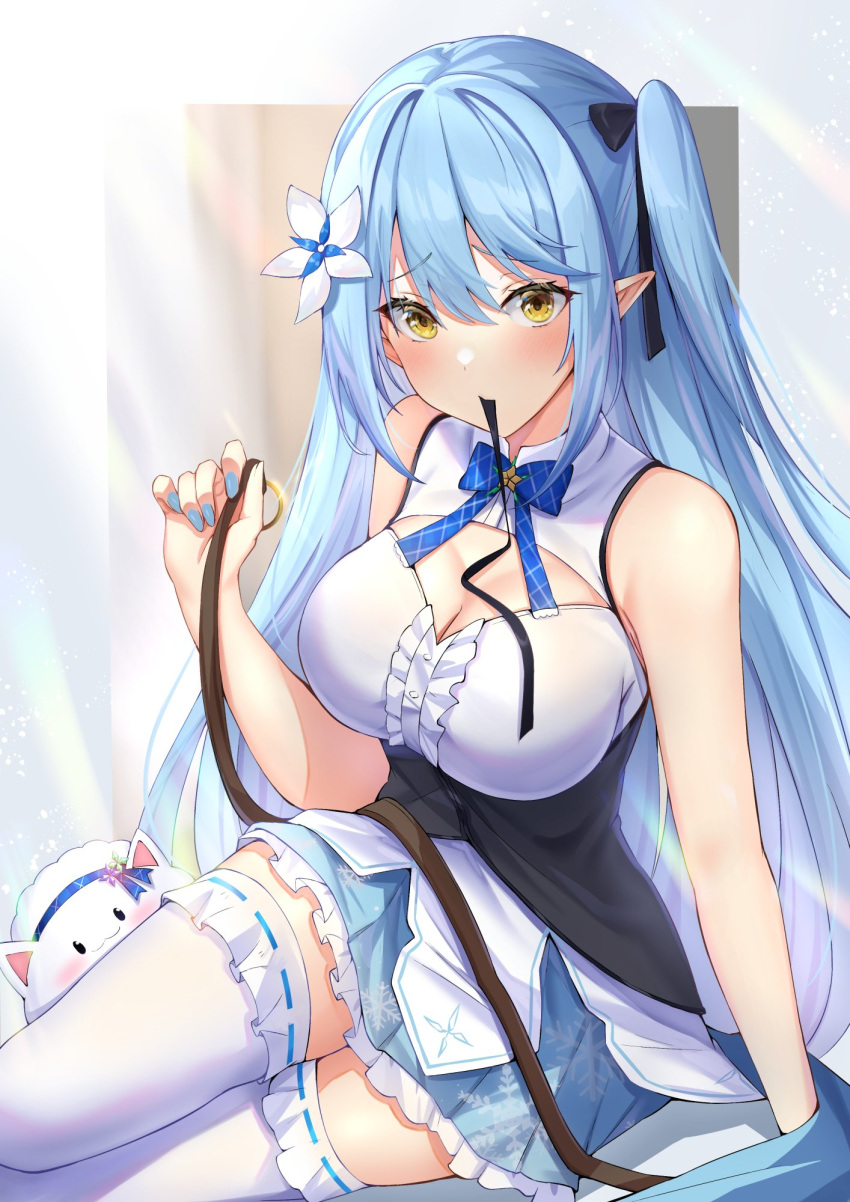1girl bangs bare_shoulders belt belt_removed blue_bow blue_bowtie blue_nails blue_skirt blush bow bowtie breasts brown_belt cleavage flower frilled_skirt frills hair_flower hair_ornament hand_up highres holding holding_belt holding_ribbon hololive large_breasts long_hair looking_at_viewer menmen_(menmen13s) mouth_hold nail_polish pointy_ears raised_eyebrows ribbon shirt side_ponytail sitting skirt sleeveless sleeveless_shirt snowflake_print thighhighs white_flower white_legwear yellow_eyes yukihana_lamy yukimin_(yukihana_lamy) zettai_ryouiki