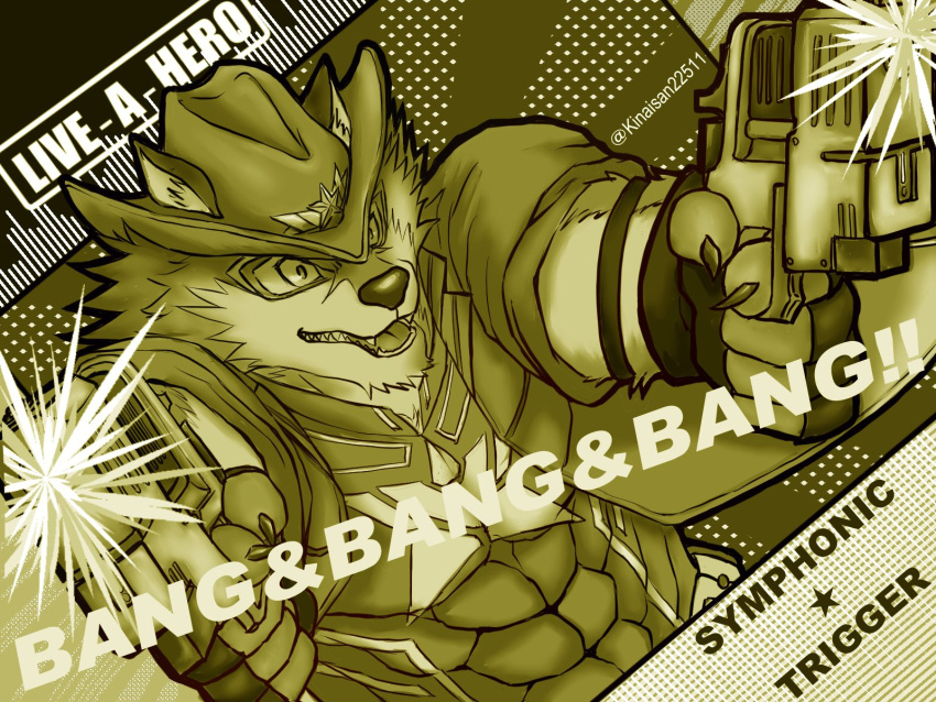 abs anthro barrel_(live-a-hero) bodysuit canid canine canis clothing english_text gun hi_res kinaisan22511 lifewonders live-a-hero male mammal pecs ranged_weapon shooting shooting_gun skinsuit solo spandex superhero text tight_clothing video_games weapon wolf