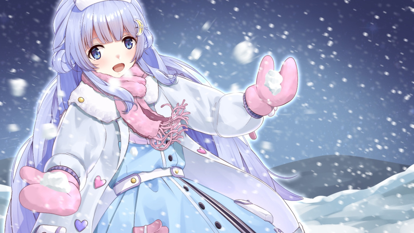 1girl :d bangs belt blue_dress blue_eyes blunt_bangs breath coat crescent crescent_hair_ornament double_bun dress eyebrows_visible_through_hair fur-trimmed_coat fur_trim grey_coat hair_ornament hat highres kagutsuchi_(victoragna) long_hair looking_at_viewer mirutani_nia night noripro nurse nurse_cap open_clothes open_coat open_mouth outdoors outstretched_arms pink_mittens pink_scarf purple_hair scarf smile snow snowing solo star_(symbol) upper_body very_long_hair virtual_youtuber white_belt white_headwear winter_clothes winter_coat