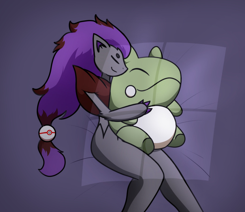 2022 ambiguous_gender anthro bed biped cuddling cuddling_plushie eyes_closed fan_character fur furniture grey_body grey_fur hair hi_res imces lying male_(lore) nintendo nude on_back on_bed plushie pok&eacute;ball pok&eacute;mon pok&eacute;mon_(species) premier_ball purple_hair shiny_pok&eacute;mon sleeping solo spooning substitute_doll video_games zor_(nya4) zoroark