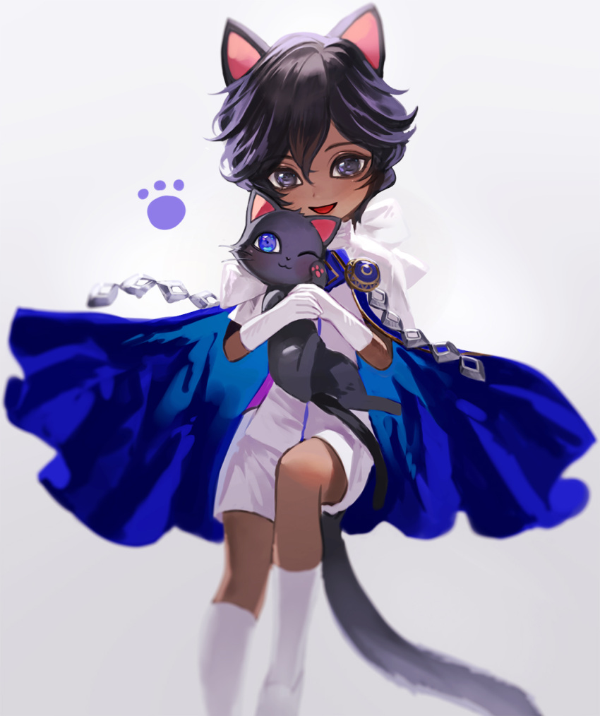 1boy animal animal_ears arjuna_(fate) bangs black_cat black_eyes blue_cape blue_eyes blush cape cat cat_boy cat_ears cat_tail child daeraeband dark-skinned_male dark_skin fate/extella fate/extella_link fate/extra fate/grand_order fate_(series) feet_out_of_frame gloves hair_between_eyes highres holding looking_at_viewer male_focus pants short_hair short_sleeves shorts simple_background smile solo tail transparent_background white_footwear white_gloves white_pants younger