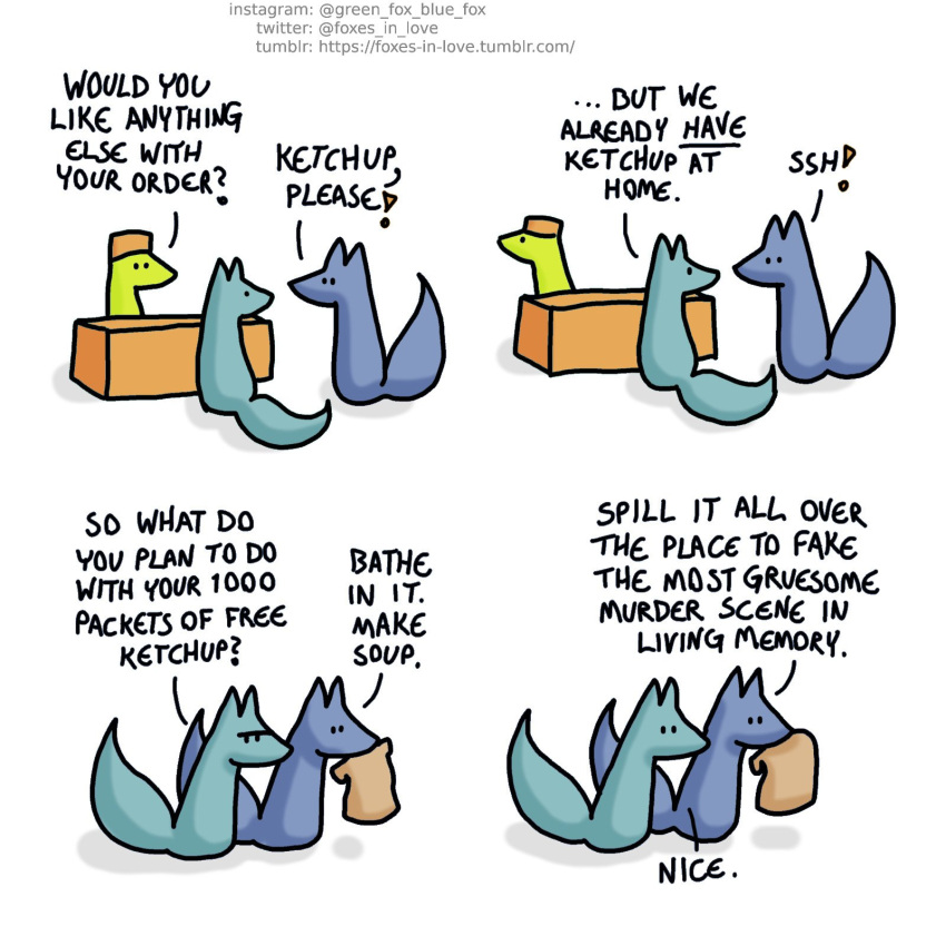 1:1 ? blue_body blue_fox_(foxes_in_love) blue_fur blue_tail canid canine comic dialogue duo english_text exclamation_point feral fox foxes_in_love fur green_body green_fox_(foxes_in_love) green_fur green_tail hi_res male_(lore) mammal shadow simple_background text url