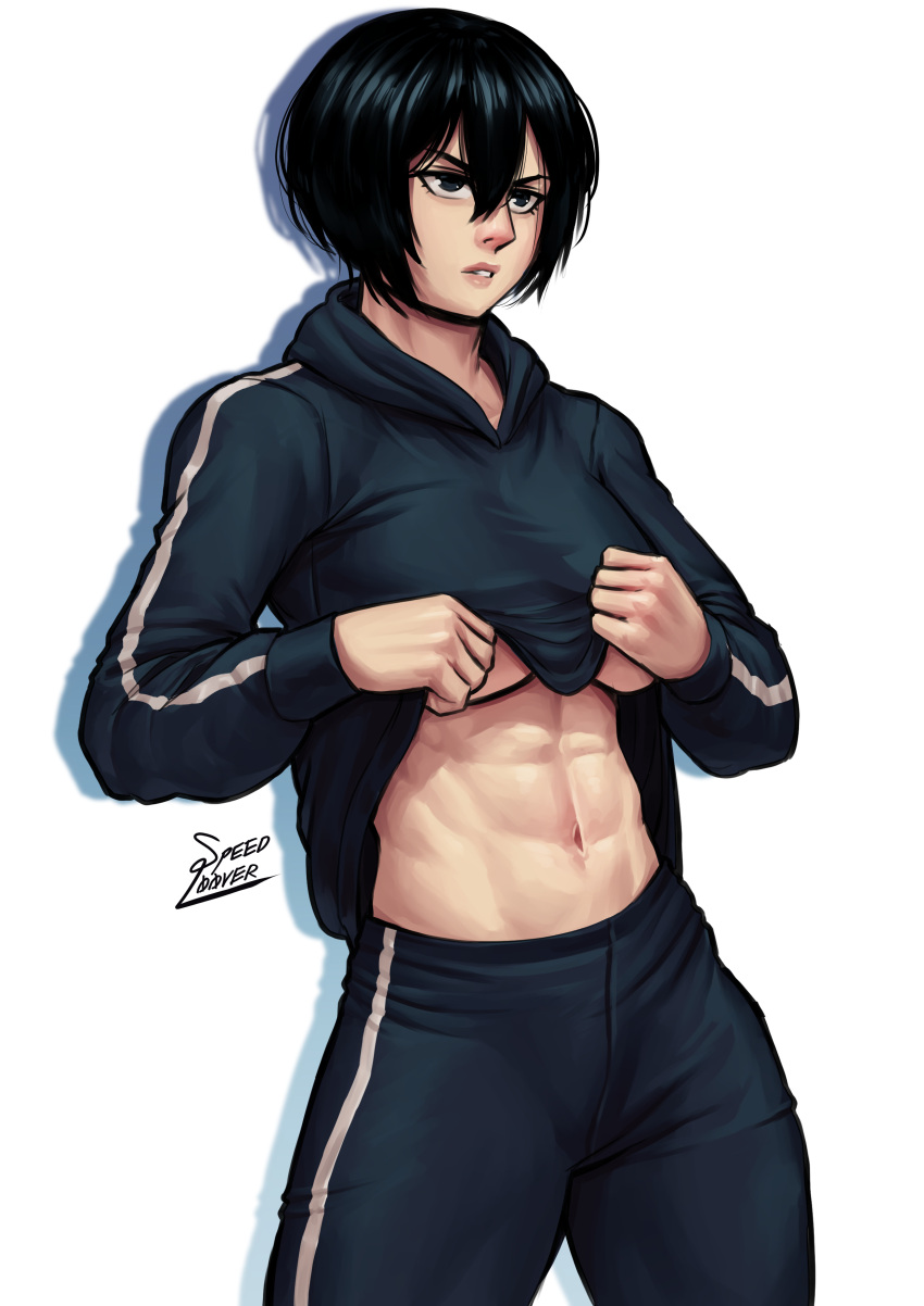 1girl abs absurdres black_hair black_hoodie black_pants breasts casual contemporary hair_between_eyes highres hood hood_down hoodie hoodie_lift large_breasts lips mikasa_ackerman muscular muscular_female navel no_bra nose pants parted_lips shingeki_no_kyojin short_hair signature solo speedl00ver stomach track_pants track_suit