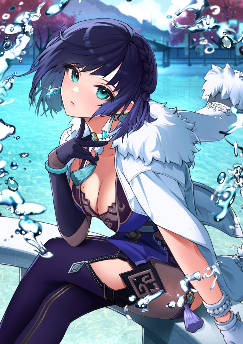 1girl absurdres blue_hair blush bracelet breasts cleavage clothing_cutout commentary_request earrings eyebrows_visible_through_hair eyelashes genshin_impact gloves green_eyes highres jewelry large_breasts lipstick looking_at_viewer makeup mole mole_on_breast short_hair solo tate_yukimi thigh_cutout yelan_(genshin_impact)