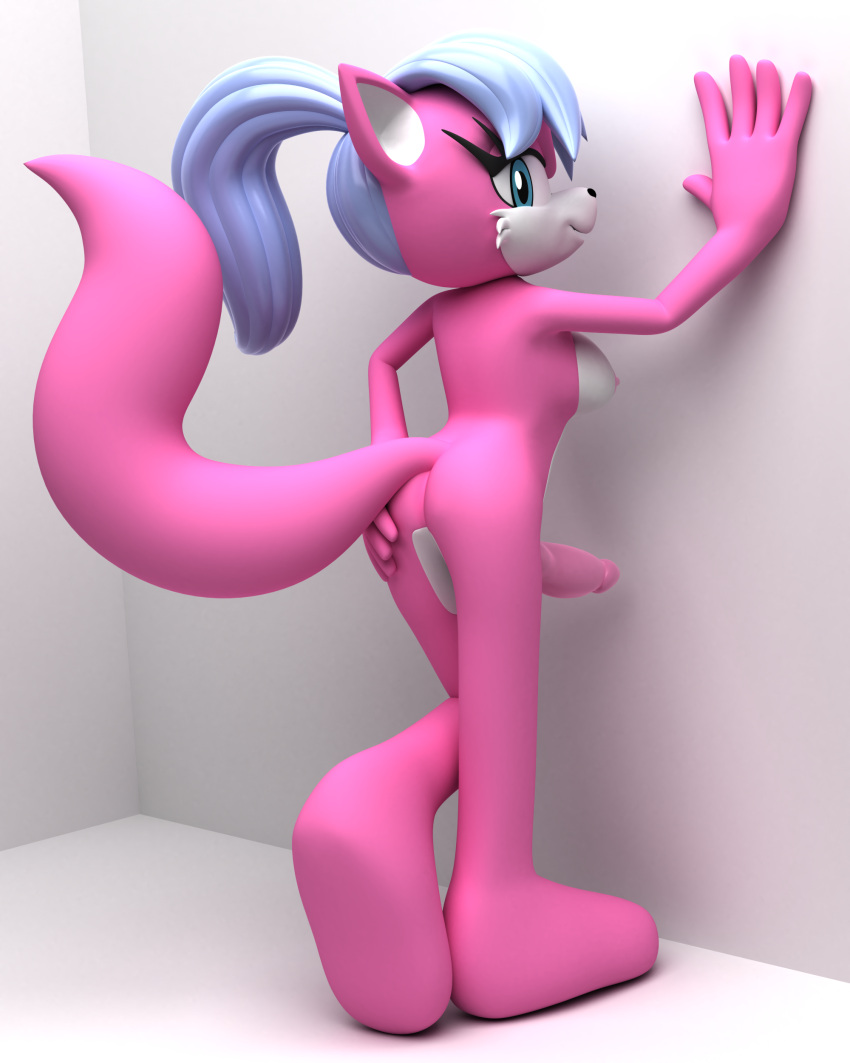 3d_(artwork) absurd_res against_surface against_wall animal_genitalia animal_penis anthro argos90 blender_(software) blue_eyes blue_hair breasts butt canid canine canine_penis canis digital_media_(artwork) fan_character fur genitals gynomorph hair hand_on_butt hi_res intersex kate_the_wolf looking_at_viewer looking_back mammal nipples nude penis pink_body pink_fur ponytail sega solo sonic_the_hedgehog_(series) trans_(lore) trans_woman_(lore) wolf
