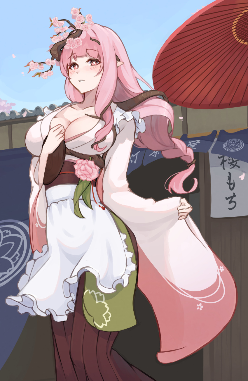 1girl absurdres alternate_design apron bell_orgel blush braid breasts bright_pupils cherry_blossoms cleavage collarbone commentary dryad dryad_(monster_girl_encyclopedia) eyebrows_visible_through_hair flower highres holding holding_tray japanese_clothes kimono large_breasts long_hair long_sleeves looking_at_viewer medium_breasts monster_girl_encyclopedia oil-paper_umbrella outdoors pink_eyes pink_hair plant pointy_ears sidelocks solo tray umbrella very_long_hair white_pupils wide_sleeves