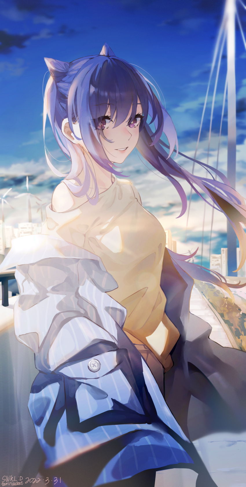 1girl absurdres animal_ears blue_coat blue_sky cat_ears clothing_request cloud coat collarbone genshin_impact highres keqing_(genshin_impact) long_hair looking_at_viewer purple_eyes purple_hair sky smile solo swkl:d wind_turbine