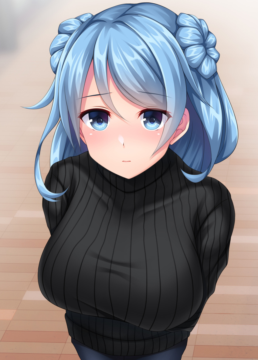 1girl absurdres alternate_costume arms_behind_back bangs black_sweater blue_eyes blue_hair blush breasts casual closed_mouth double_bun eyebrows_visible_through_hair highres kantai_collection large_breasts long_hair looking_at_viewer ruin_re_birth simple_background solo sweater turtleneck turtleneck_sweater urakaze_(kancolle)