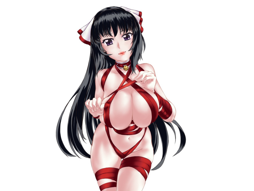 1girl bell black_hair bow breasts choker cleavage commentary english_commentary hair_bow highres large_breasts leaning_forward long_hair looking_at_viewer naked_ribbon navel neck_bell noihara_himari omamori_himari ponytail purple_eyes red_ribbon ribbon solo very_long_hair zehturtle
