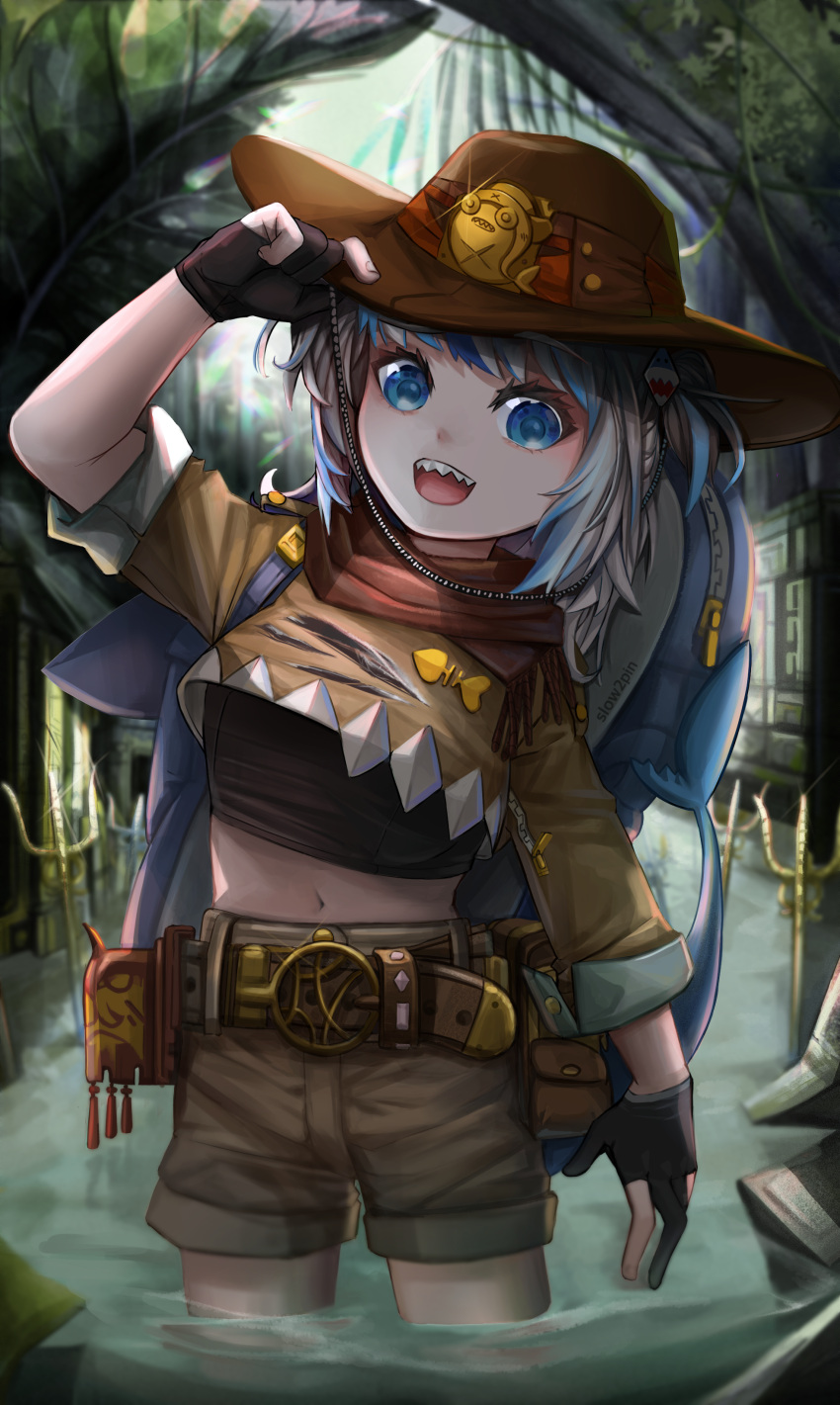 1girl absurdres alternate_costume backpack bag belt bloop_(gawr_gura) blue_eyes blue_hair brown_jacket cowboy_hat crop_top fingerless_gloves fish_tail gawr_gura gloves hat hat_tip highres hololive hololive_english jacket looking_at_viewer midriff multicolored_hair navel overgrown partially_submerged polearm red_scraf ruins scraf shark_tail sharp_teeth shorts sleeves_rolled_up slow_2pin solo sports_bra tail teeth torn_clothes trident virtual_youtuber weapon white_hair