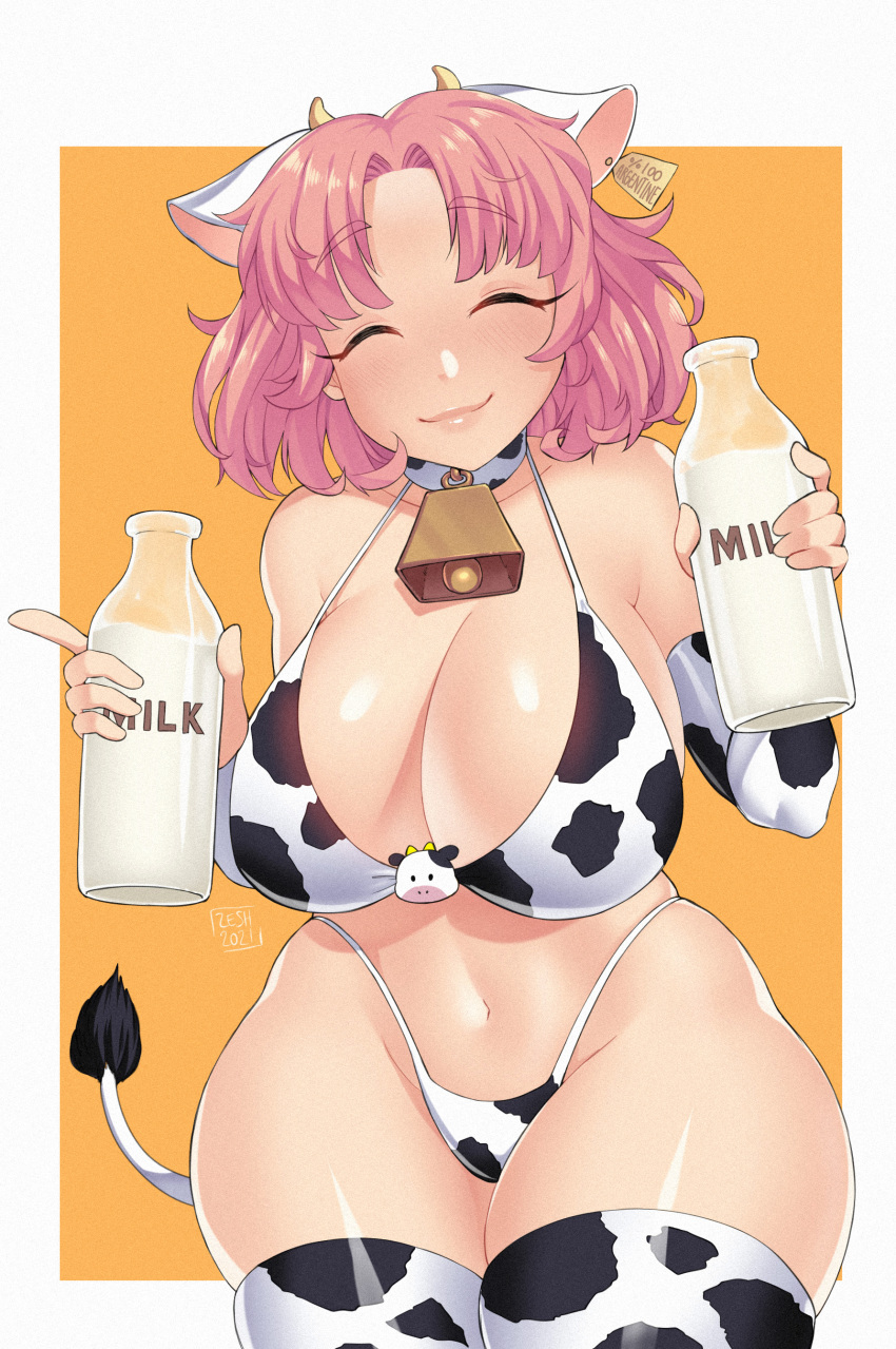 1girl absurdres animal_ears bell bottle breasts closed_eyes cow_ears cow_girl cow_horns cowbell highres horns large_breasts milk milk_bottle non-web_source original pink_hair short_hair thighhighs zeshgolden