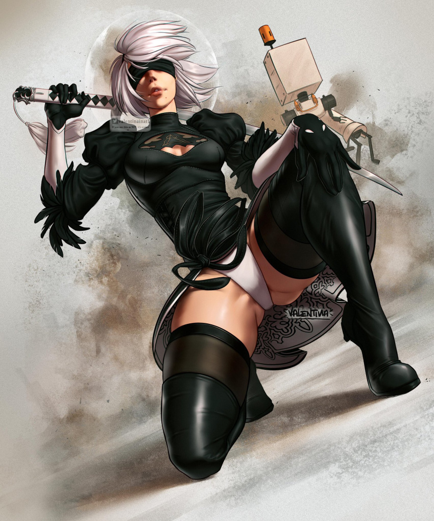 1girl black_blindfold black_dress black_hairband blindfold boots breasts cleavage_cutout clothing_cutout covered_eyes dress drone feather-trimmed_sleeves from_below hairband highres holding holding_sword holding_weapon katana leather leather_boots leotard lips long_sleeves mole mole_under_mouth nier_(series) nier_automata one_knee over_shoulder plantar_flexion pod_(nier_automata) short_hair side_slit silver_hair small_breasts solo_focus sword thigh_boots thighhighs thighhighs_under_boots upskirt valentina_tavolilla vambraces virtuous_contract watermark weapon weapon_over_shoulder white_leotard yorha_no._2_type_b