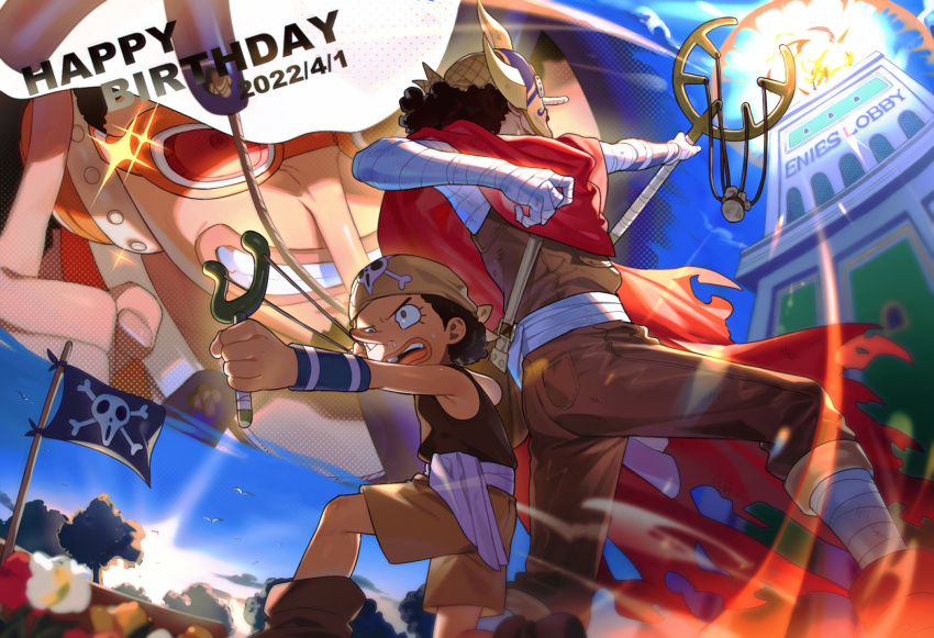 afro aiming back-to-back black_hair cape explosion grin happy_birthday highres jolly_roger long_nose male_focus mask multiple_views one_piece overalls qin_(7833198) smile time_paradox usopp