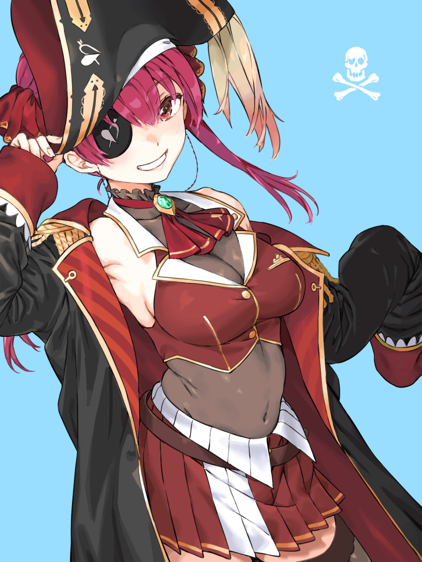 1girl absurdres arrow_through_heart ascot belt black_legwear blue_background breasts commentary_request eyebrows_visible_through_hair eyepatch gold_trim grin haimura_kiyotaka hand_on_headwear hat heterochromia highres hololive houshou_marine large_breasts leotard leotard_under_clothes long_hair long_sleeves looking_at_viewer navel one_eye_covered pirate pirate_hat pleated_skirt red_ascot red_eyes red_hair red_skirt see-through_leotard simple_background skirt skull_and_crossbones sleeves_past_wrists smile solo thighhighs twintails virtual_youtuber zettai_ryouiki