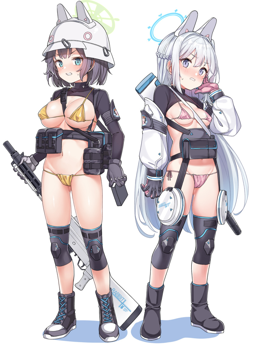 2girls adapted_costume animal_ears belt belt_pouch between_breasts bikini black_belt black_footwear black_gloves black_hair blue_archive blue_eyes blush boots breasts clenched_teeth commentary_request eyebrows_visible_through_hair fake_animal_ears gloves halo headgear helmet highres knee_pads konnyaku_(kk-monmon) large_breasts looking_at_viewer miyako_(blue_archive) multiple_girls navel pink_bikini pouch rabbit_ears saki_(blue_archive) short_hair shrug_(clothing) silver_hair simple_background small_breasts string_bikini sweatdrop swimsuit swimsuit_under_clothes teeth white_background yellow_bikini