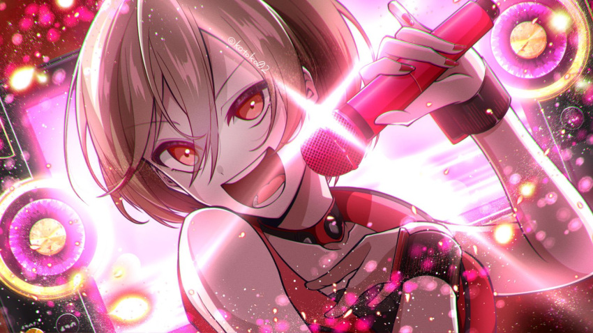 1girl :d brown_hair holding holding_microphone kotoko0 lights meiko meiko_(vocaloid3) microphone music red_eyes short_hair singing sleeveless smile solo twitter_username vocaloid wrist_cuffs